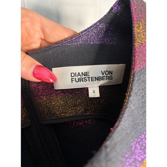 Diane Von Furstenberg Black Metallic Stripe Sleeveless Work Dress‎ Size 4 Purple - Picture 4 of 9